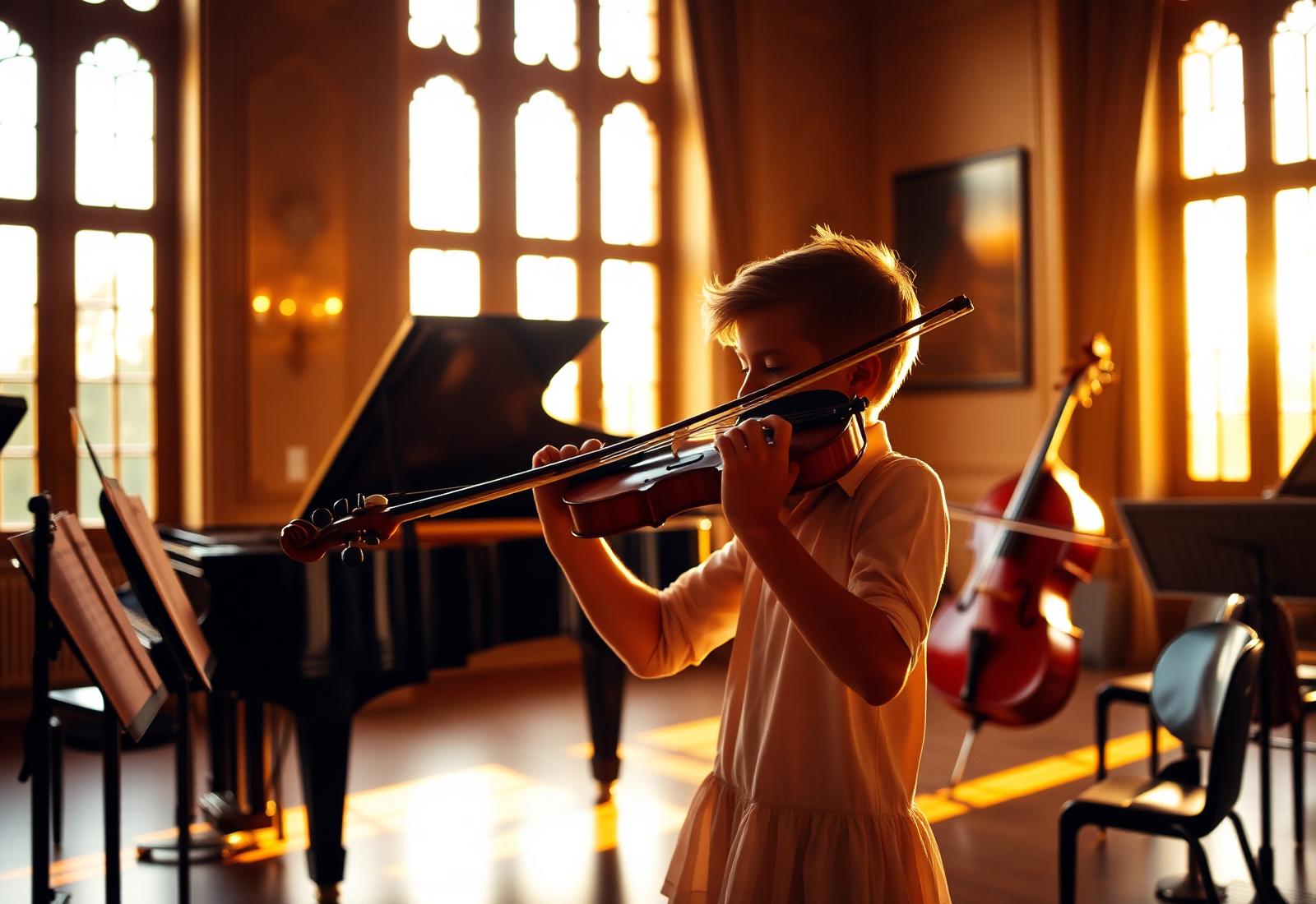 Student playing violin in golden light